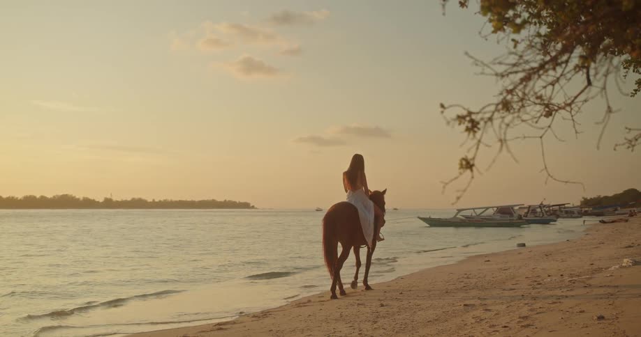 A woman in a flowing white dress rides a horse along the shoreline of a tropical beach during a serene and golden sunset