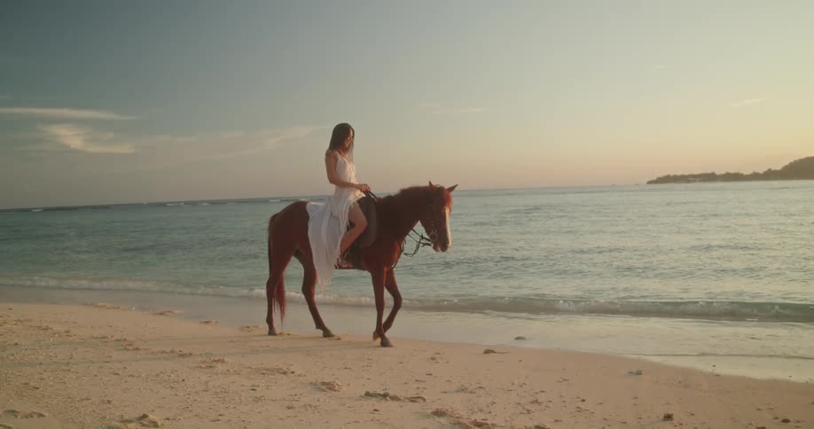 An elegant woman in a white dress rides a brown horse along the sandy shoreline as the sun sets over the ocean