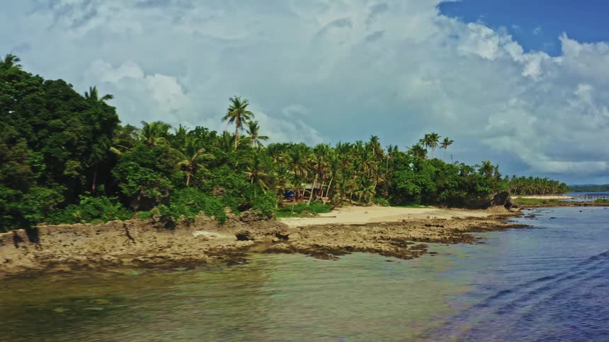 A slow aerial flight along a pristine tropical coastline reveals a rocky shore and lush palm trees under a partly cloudy sky