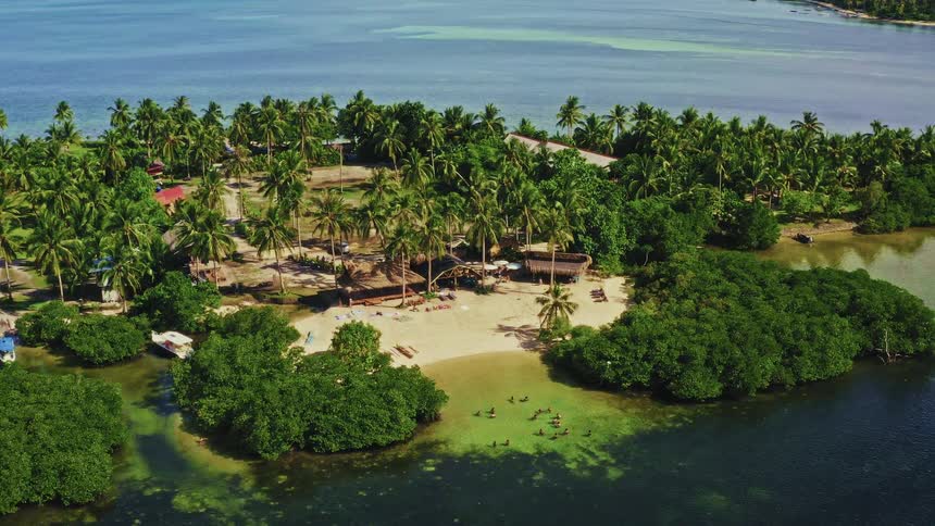 An aerial view of a group of people learning to surf in the shallow turquoise waters of a secluded tropical island paradise