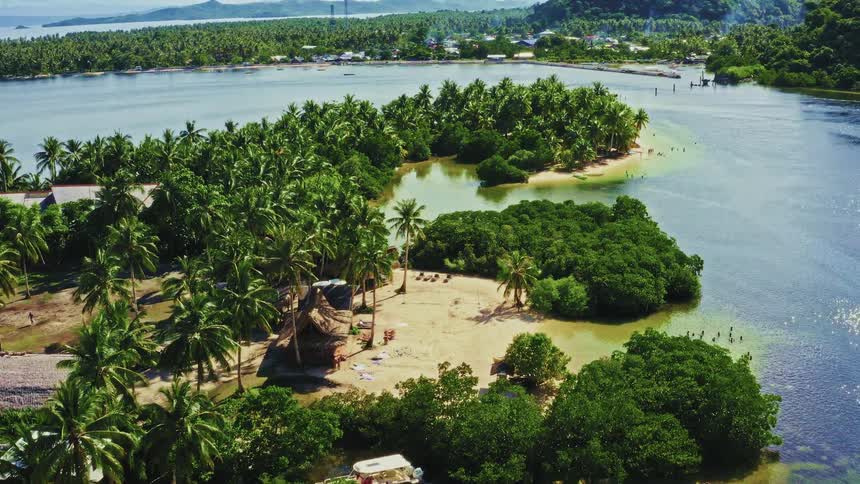An aerial view pulls back to reveal a stunning tropical island with lush palm trees, a sandy beach, and people swimming in the clear water