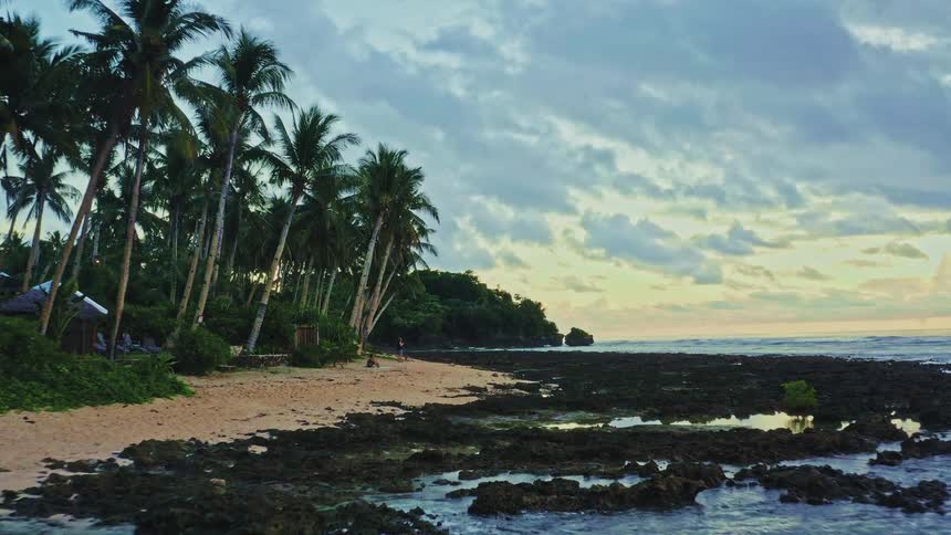 An aerial drone shot flies low over a rocky tropical shoreline with palm trees at sunset under a cloudy sky