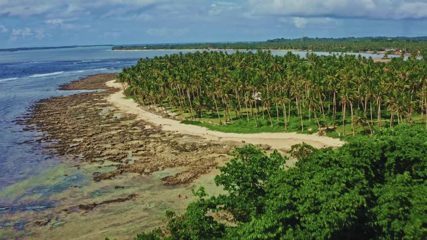 An aerial flyover of a secluded tropical island paradise, showcasing a rocky coast, lush jungle, and a sandy beach lined with palm trees