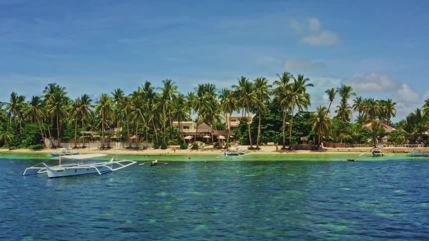 A stunning view of a tropical beach in the Philippines, featuring clear turquoise water, outrigger boats, and a lush grove of palm trees