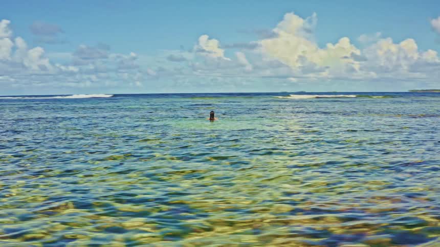 Drone view pans around a woman in a bikini standing in the crystal-clear shallow water of a tropical island beach