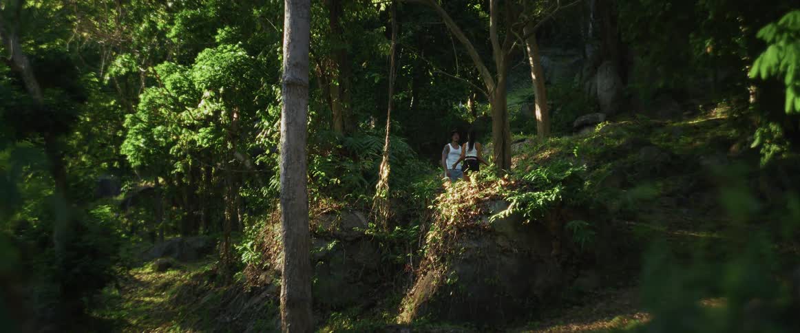 A wide shot shows two women hiking and talking on a trail in a lush, sunlit tropical jungle