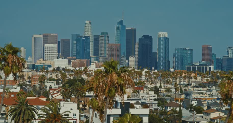 A slow zoom-out shot reveals the Los Angeles downtown skyline behind a sunny neighborhood filled with palm trees and apartment buildings