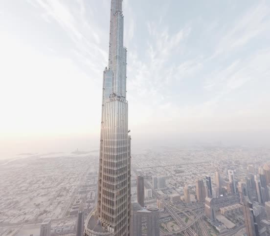 A majestic aerial view reveals the full height of the Burj Khalifa skyscraper against the hazy Dubai cityscape at sunrise
