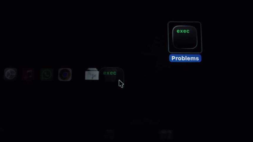 A computer cursor drags a file named 'Problems' across a dark desktop and drops it into the trash bin to delete it