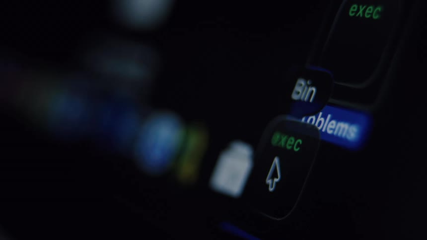 Macro shot of a computer cursor dragging a digital folder labeled 'Problems' to the trash bin on a dark screen