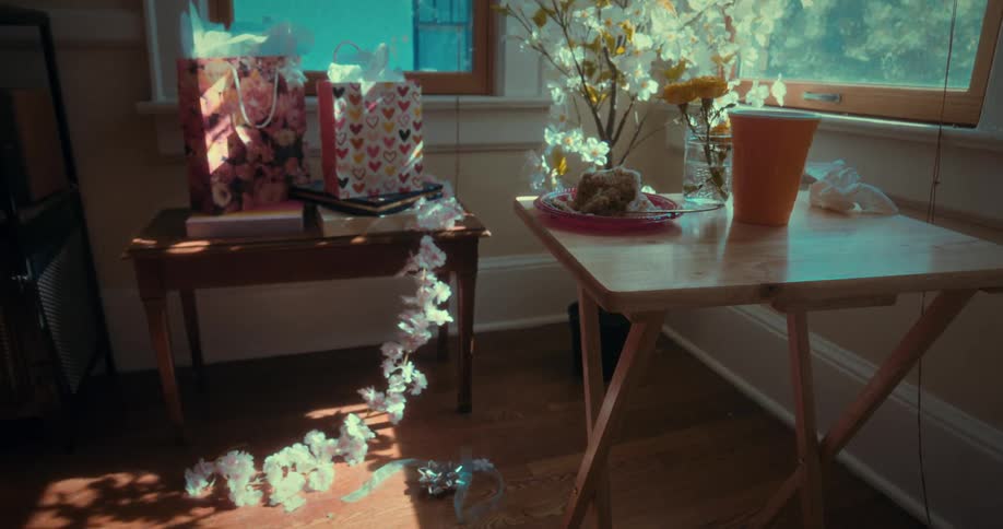 A time-lapse of sunlight passing over the remnants of a celebration, including gifts, cake, and flowers, as the day ends