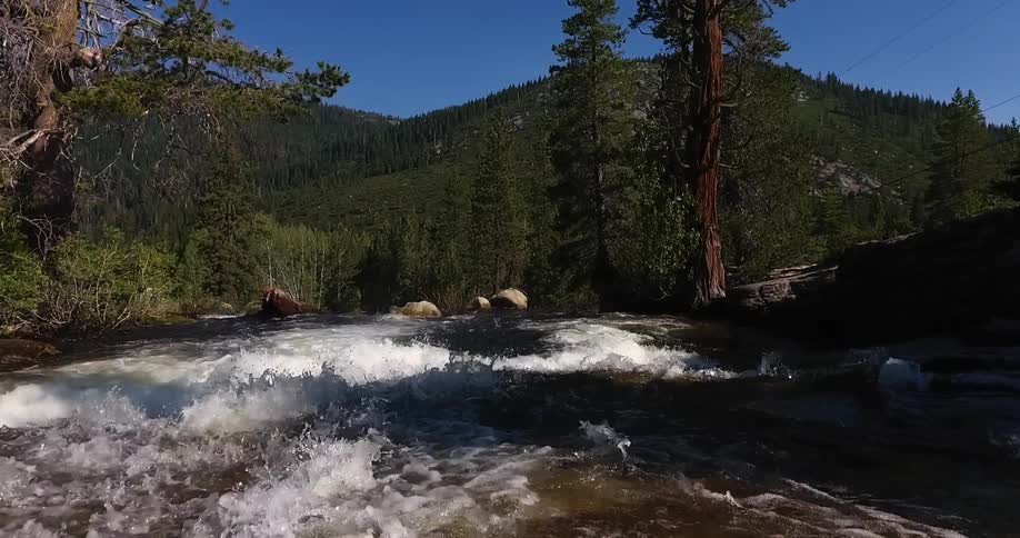 Rapidly moving water down a river on a clear day