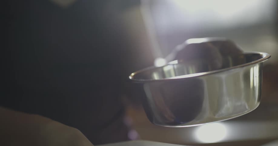 A woman uses a scoop to put food in a bowl