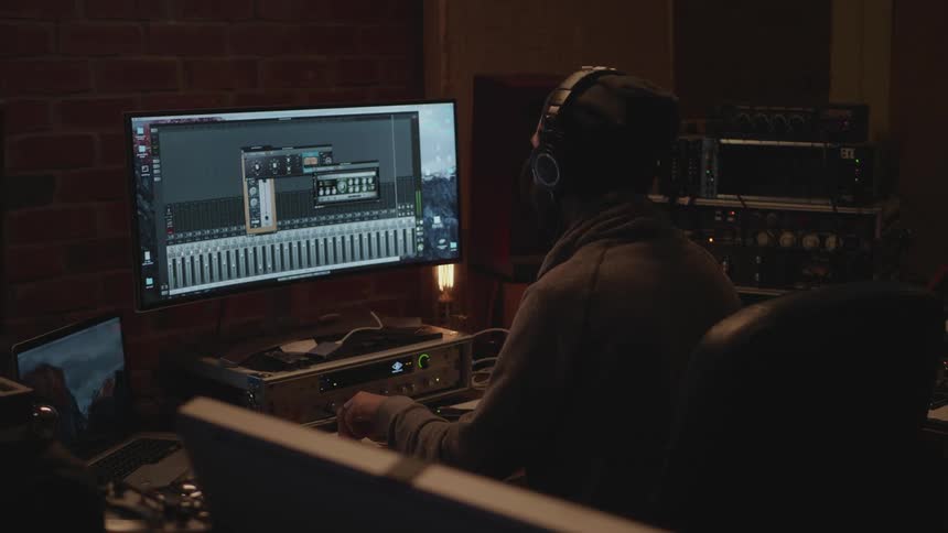 A man is working in a studio in front of a computer