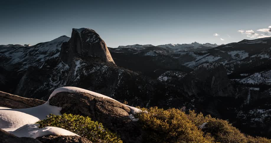 The mountains are covered with ice and snow