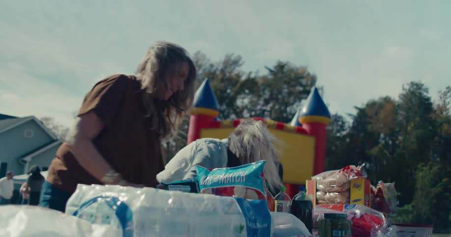 A low angle slow motion shot of two women setting up food and drinks on a table for an outdoor party on a windy day
