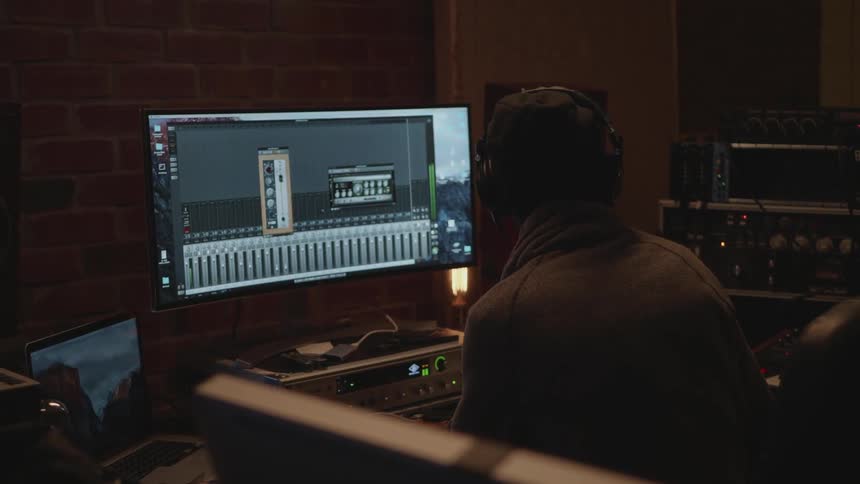 Man wearing headphones looks at a computer monitor