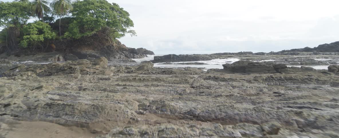 A slow tracking shot over a rugged, rocky shoreline at low tide with the ocean in the background