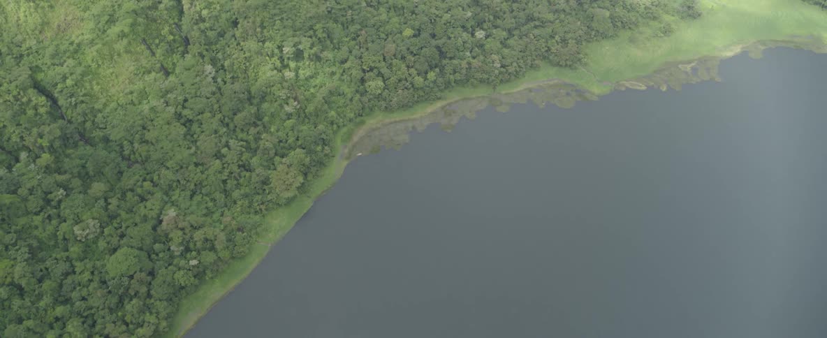 A slow aerial pullback reveals a vast, calm lake next to a dense, green forest-covered mountain