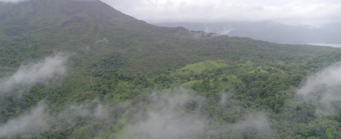 A stunning aerial view pans up over a misty, green forest to reveal a majestic mountain shrouded in clouds