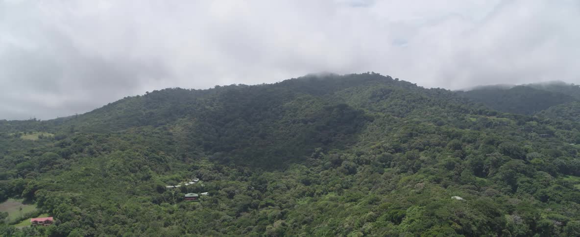 An aerial view pulls back to reveal a vast, dense green jungle covering rolling mountains on an overcast day