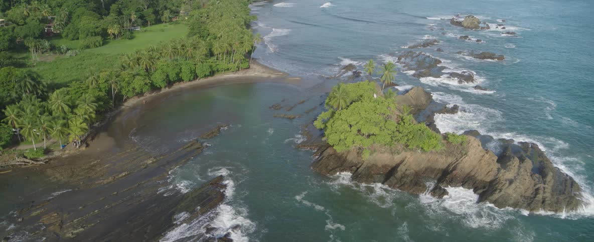 Drone pulls back from a tranquil tropical beach lined with palm trees to reveal a stunning rocky coastline and a small, lush island