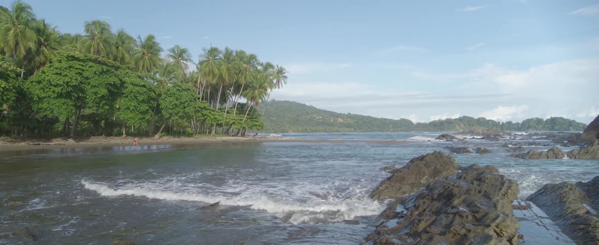 A serene tropical beach with gentle waves washing over unique rock formations and a shoreline of palm trees in slow motion