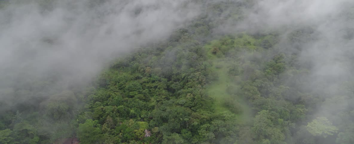 A slow aerial tilt-down shot reveals a vast, foggy jungle at the base of a cloud-shrouded volcano