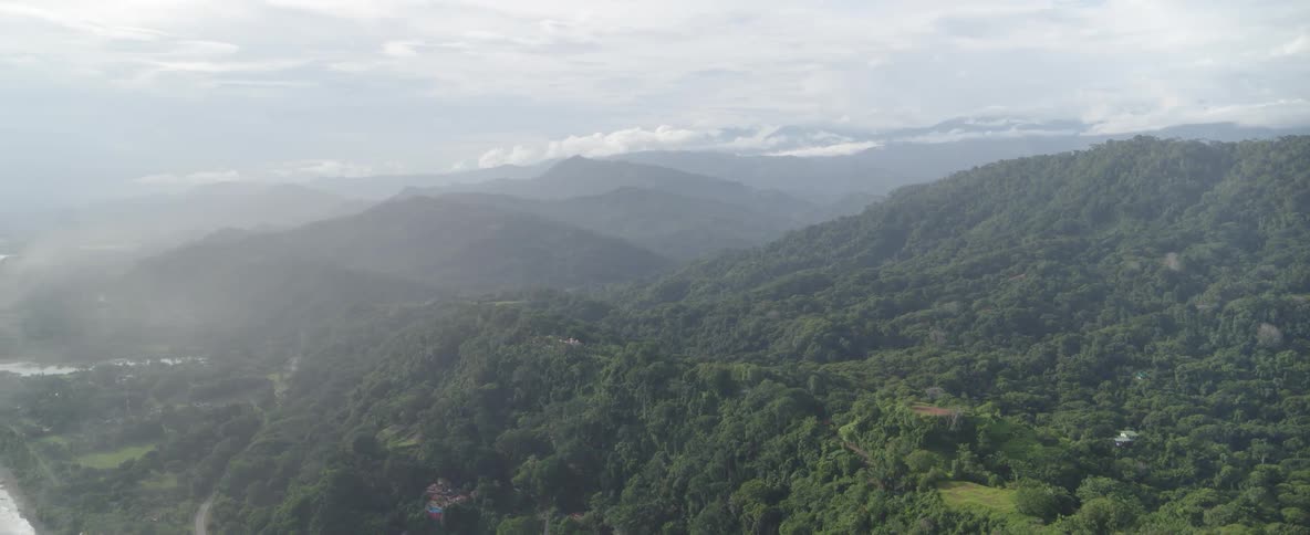 Static aerial view shows an endless expanse of lush green tropical jungle covering rolling mountains on a hazy, overcast day