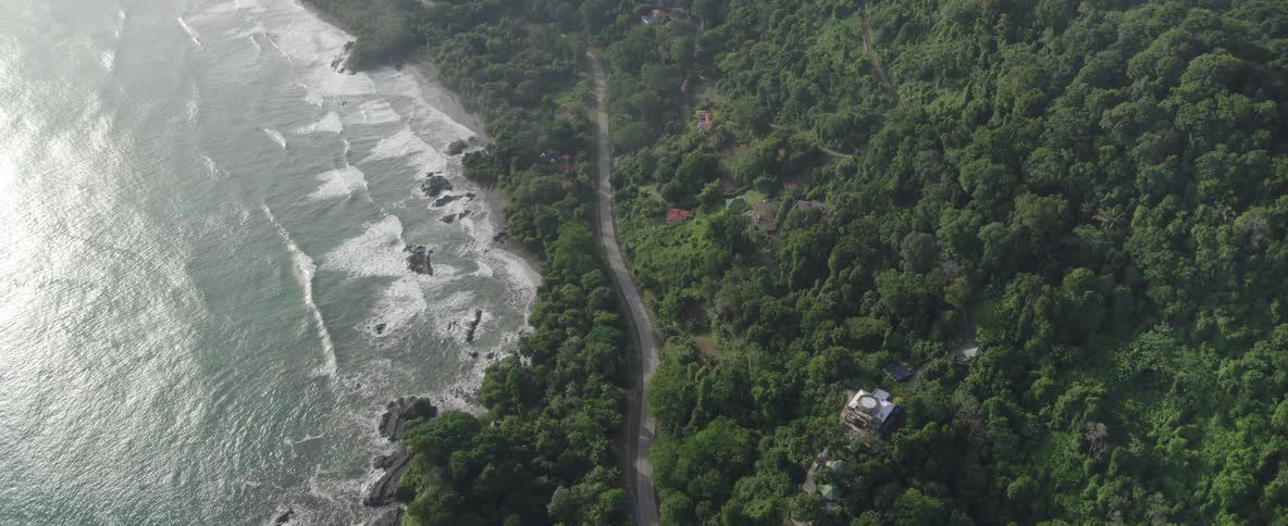 A static aerial view captures a scenic coastal highway nestled between a lush tropical forest and the ocean's breaking waves