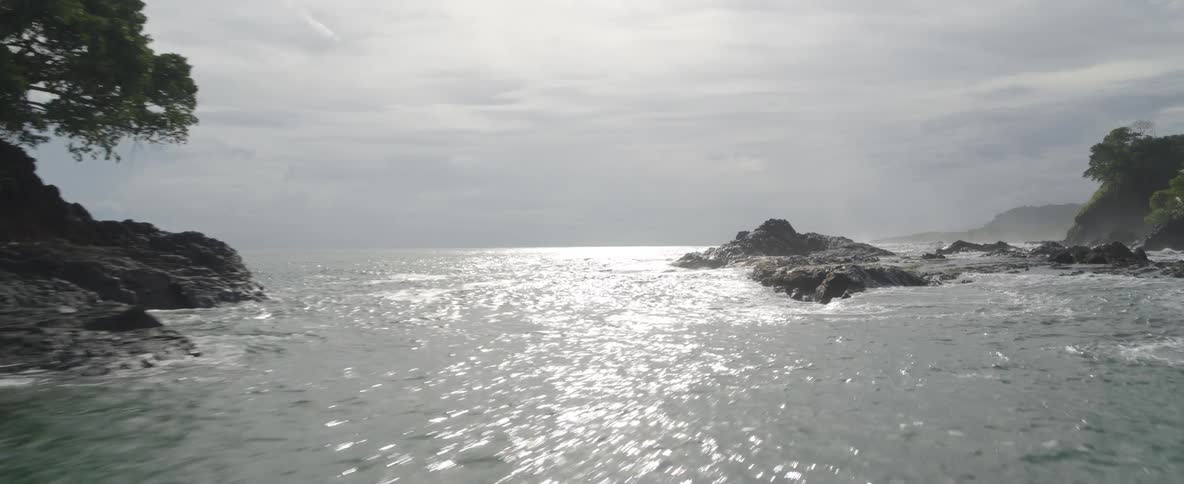 A stunning aerial shot glides over a rocky tropical beach with palm trees, revealing the vast, shimmering ocean under a bright, cloudy sky