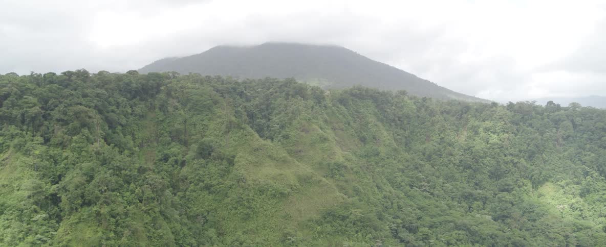 A slow aerial ascent over a vast, lush jungle reveals a distant, cloud-shrouded mountain on an overcast day
