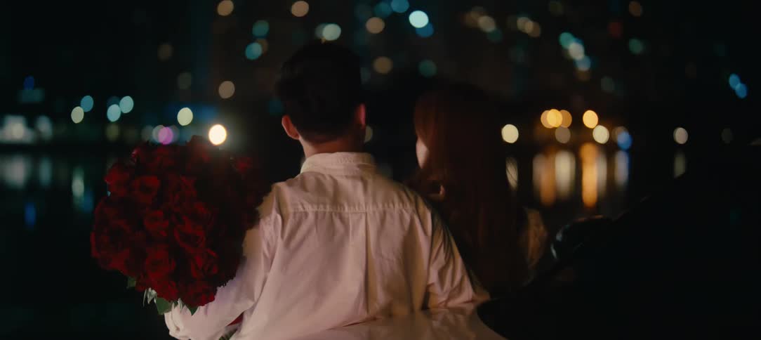 From behind, a romantic couple with a bouquet of red roses enjoys the sparkling city lights reflecting on the water during a date night