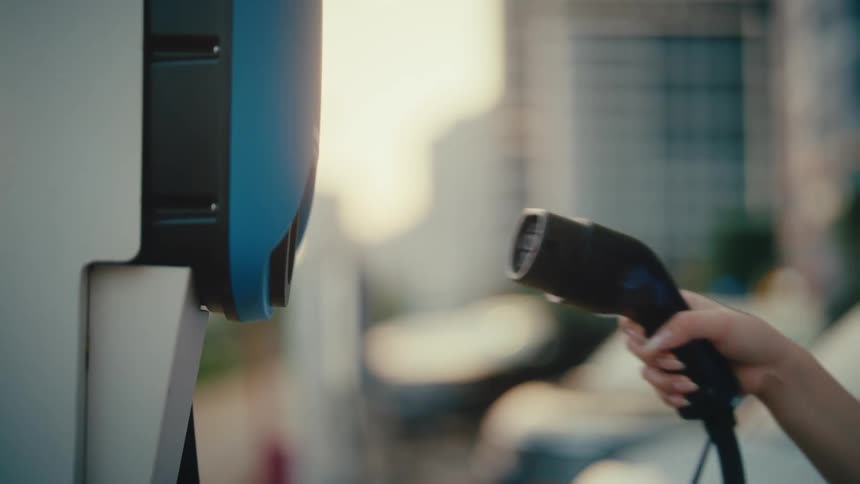 A slow-motion close-up of a hand gently unplugging a charging cable from an electric vehicle charging station