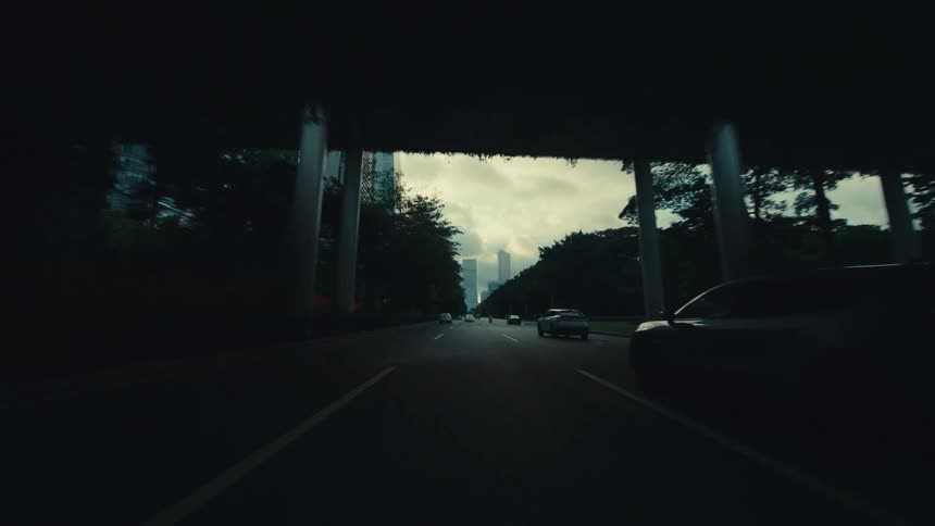 A cinematic point-of-view drive on a wide city highway approaching a modern skyline through lush green trees and under an overpass