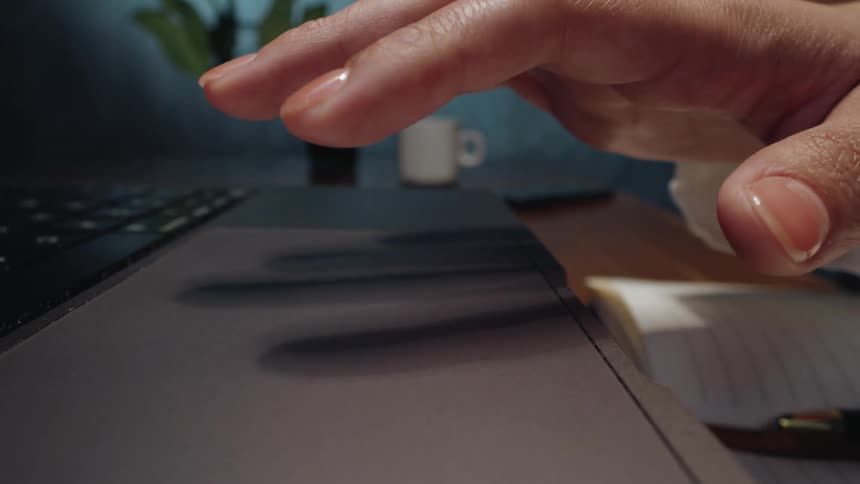A close-up shot of a person's hand with a neutral manicure scrolling and tapping on a laptop trackpad