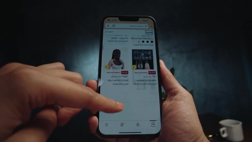 A person's hands hold a smartphone and scroll through an online shopping website, browsing various products