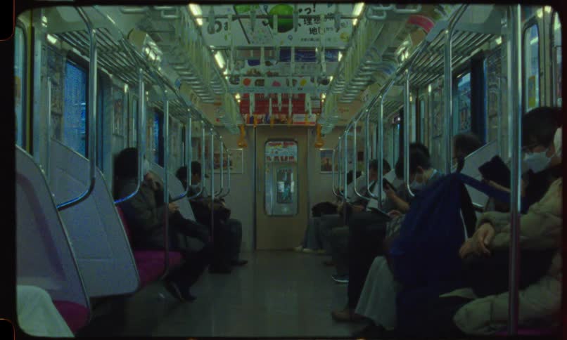 Passengers sit quietly inside a moving Japanese train car, captured with a vintage, grainy film aesthetic