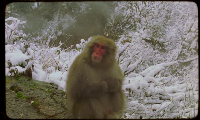 Vintage-style footage of a Japanese snow monkey sitting on a rock in a snowy landscape while it snows