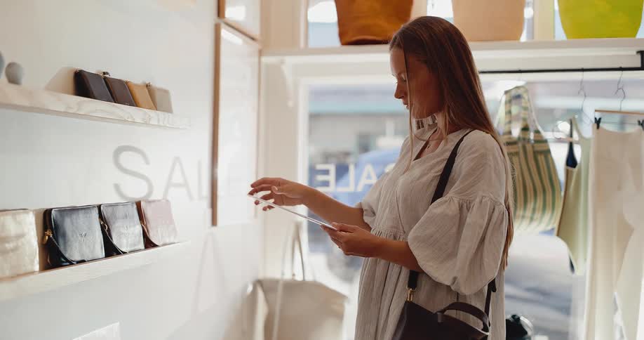A pregnant woman in a flowing dress thoughtfully shops in a chic boutique, examining an information card