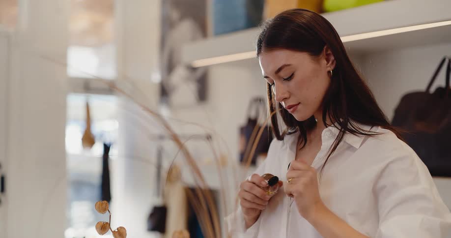 A stylish young woman in a white shirt opens a bottle of perfume and enjoys its scent while shopping in a bright, modern boutique