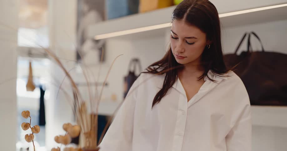 A stylish young woman in a white shirt browses a modern boutique, carefully examining a small bottle of perfume
