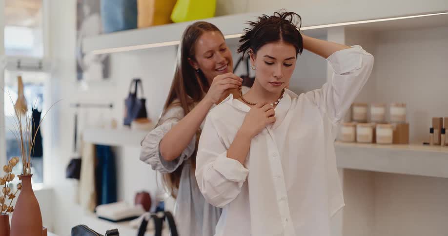 A shop assistant helps a customer try on a pearl necklace in a brightly lit boutique