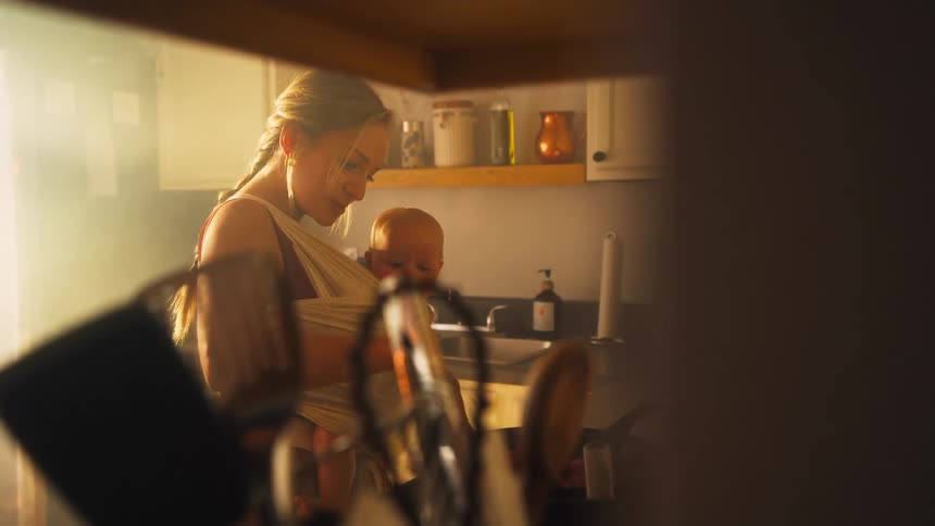 A young mother multitasks by cooking a meal in a warmly lit kitchen while carrying her baby in a sling