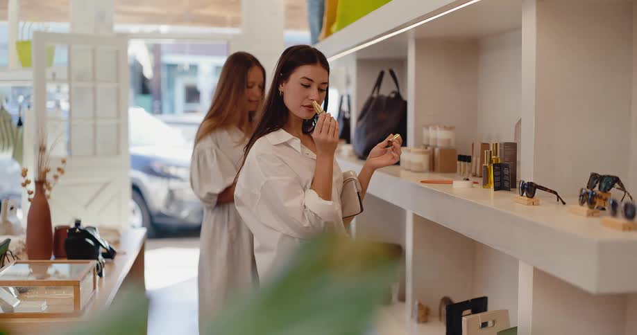A stylish young woman tests a fragrance while shopping with her friend in a bright and modern concept store