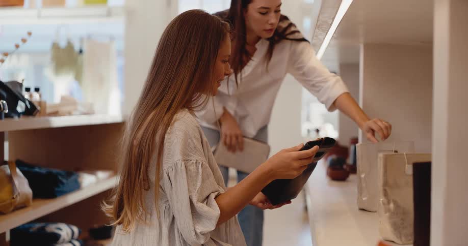 Two young women enjoy a day of shopping as they browse for handbags in a stylish, modern boutique