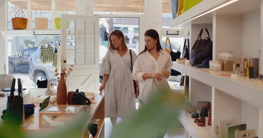 Two stylish female friends walk into a sunny boutique and begin browsing the curated merchandise