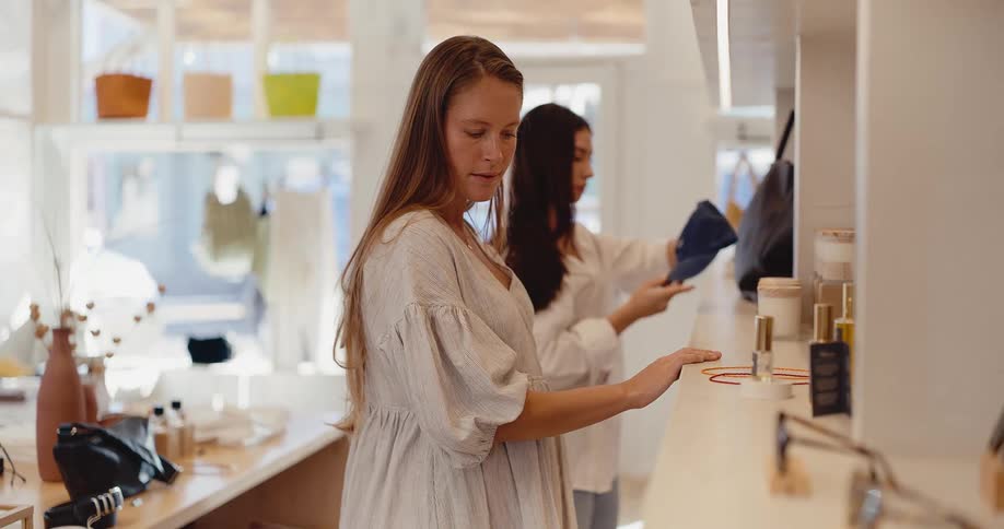 Two stylish women browse for fashion and cosmetic items in a bright, modern boutique store