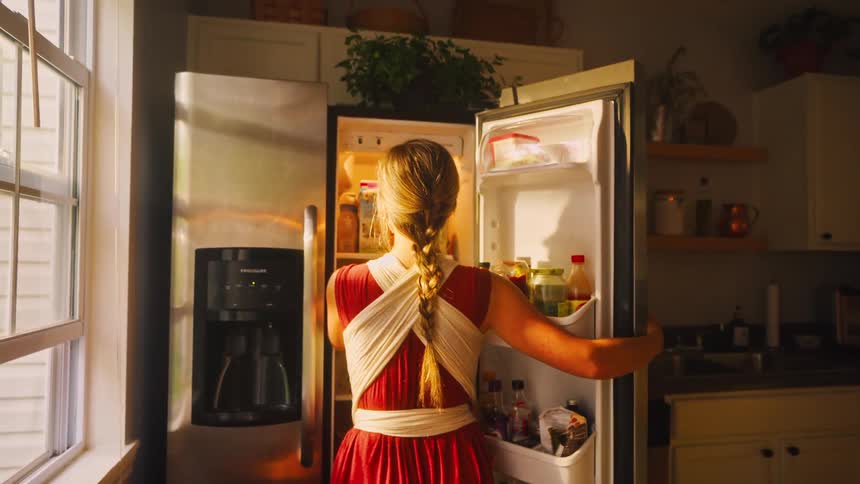 A mother carries her baby in a sling through a sunlit kitchen, opening the fridge to grab a lime for dinner