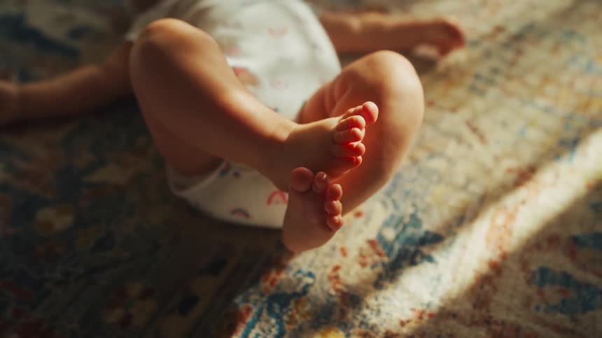 Close up on the soft, tiny feet of a newborn baby wiggling in a warm sunbeam on a patterned rug